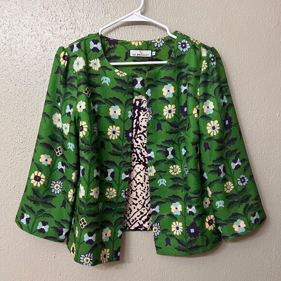 CK Bradley Green Floral Jacket 3/4 Sleeves Open Front Size M - Picture 8 of 9